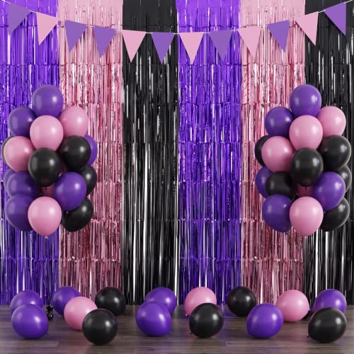 TONIFUL Purple Pink Black Foil Fringe Curtain