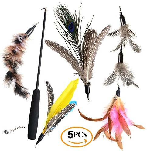 Cat Toy Interactive Retractable Cat Wand – Multi Teaser and Exerciser for Cat Kitten 5 Pieces Assorted Colors – With Bell Pet Cat Feather Toys