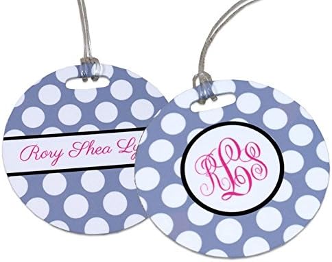 Luggage Tag Monogrammed, Personalized Bag Tag with Hot Pink Monogram on Gray Polka Dots, Bag Tag for Diaper Bag, Luggage, Gym Bag