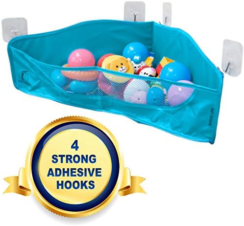 Bath Toy Organizer - NEW 4 Strong Adhesive Hooks - Bathtub Toys Holder Storage Net - Corner Shower Caddy Bag for Kids and Toddlers - Bathroom Basket for Baby Boys and Girls - Hanging Mesh Hammock