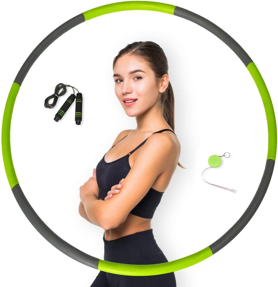 Pathonor Hoola Hoop for Adults Weight Loss, Weighted Hoola Hoops Hula Fitness Hoop with Skipping Rope Cute Soft Ruler, 8 Section Detachable Design(Green-Gray): Sports & Outdoors