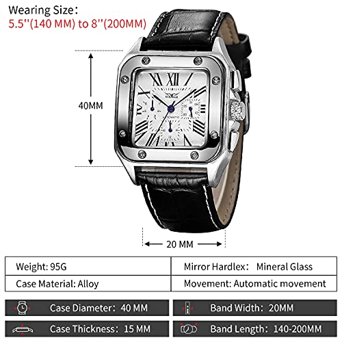 Gute Mens Watches, Mechanical Calendar Automatic Self-Winding Roman Numeral PU Leather Wrist Watch with Blue Hands