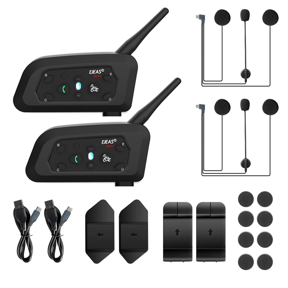 EJEAS V6 Pro+ BT Interphone 1200M Bluetooth Motorbike Motorcycle Helmet Intercom Headset with Duplex Interphone Advanced Noise Control for up to 6 Riders Skiing and Riding (2 Piece)