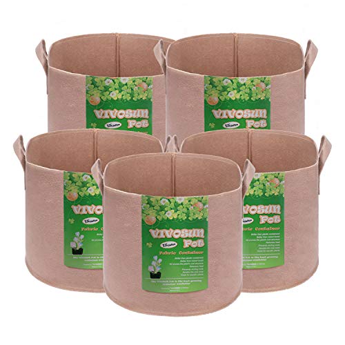 VIVOSUN 5-Pack 15 Gallons Heavy Duty Thickened Nonwoven Fabric Pots Grow Bags with Strap Handles Tan