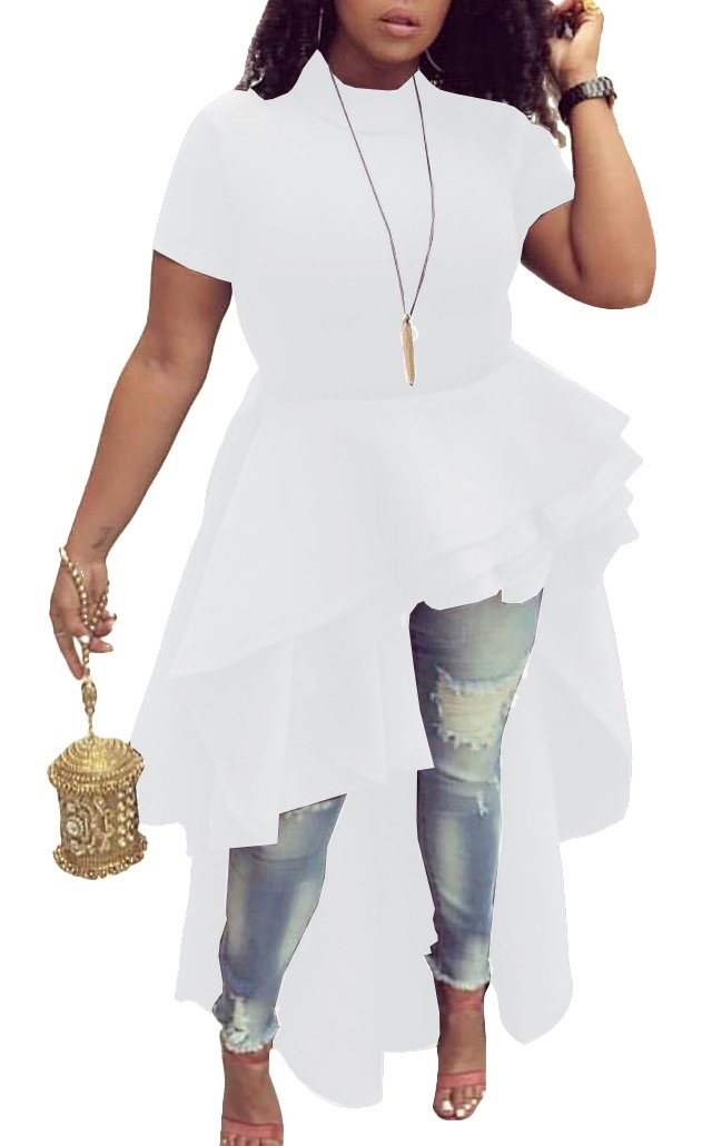 Women Ruffle High Low Asymmetrical Irregular Short Sleeve Tops Shirts Blouse Dress Blue L