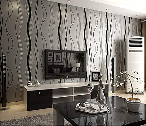 QIHANG High-Grade Non-Woven Flocking Simple Curve Style Wallpaper Roll Black&Gray Color - Thumbnail 3
