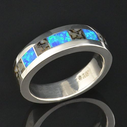 Dinosaur Bone and Lab Created Opal Wedding Ring in Sterling Silver by Hileman Silver Jewelry