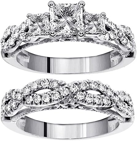 2.01 CT TW 3-Stone Princess Cut Diamond Engagement Bridal Ring Set in Platinum Braided Setting - Size 12