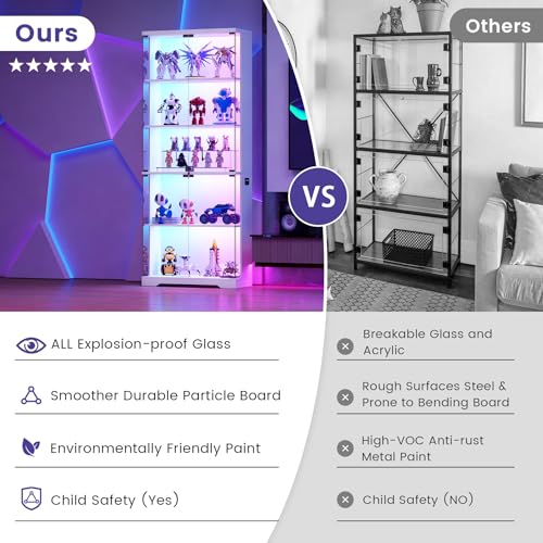 Dystler 69" RGB LED Display Cabinet 5-Tier Shelves & Lockable Glass Doors | 12 RGB Modes, Motion Sensor Auto-Light, Push-to-Open Glass Doors, Lockable, 5-Tier Wooden Shelf
