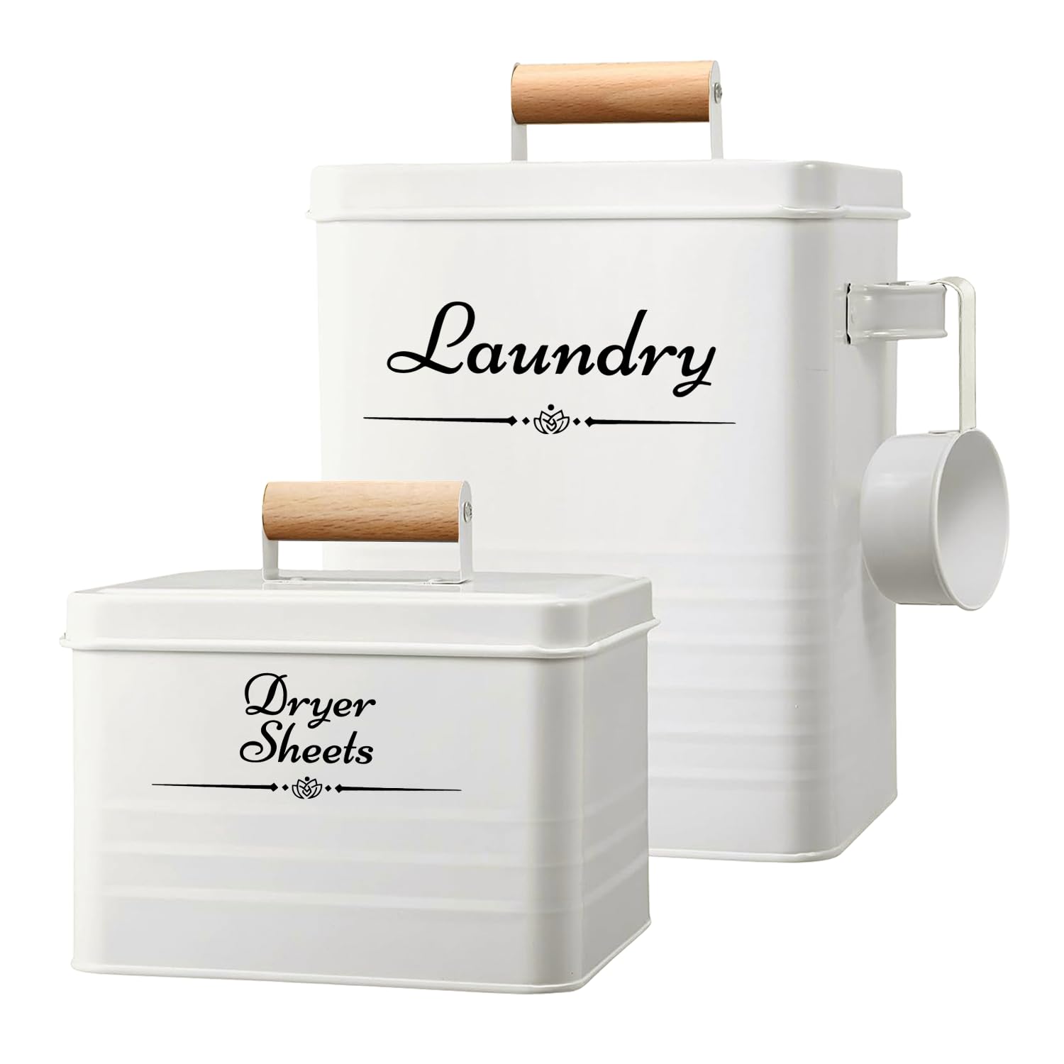 Photo 1 of ***MISSING ONE -SELLING AS INCOMPLEETE*** Cruleen Farmhouse Metal Laundry Pods Container with Dryer Sheet Holder for Organization and Storage, Laundry Room Decor - Holds 156 Pods and 300 Sheets (White)