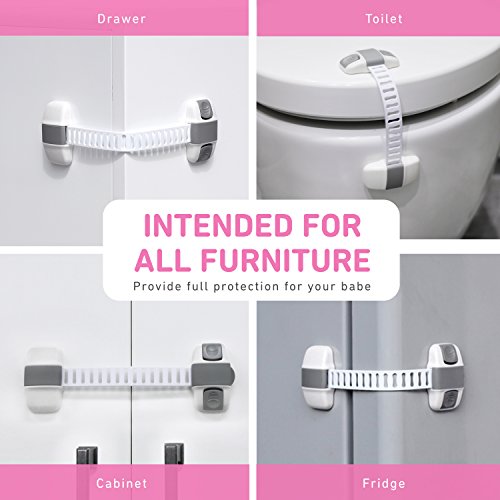 Child Safety Cabinet Locks [6 Pack] |Child Proof Safety Lock with Double-Finger Press Design and Adjustable Strap |Latches to Baby Proofing Cabinets, Drawers, Toilet Seat and Fridge - Thumbnail 2