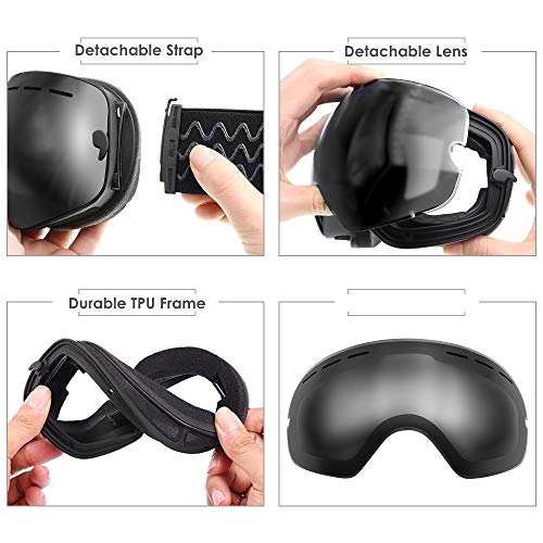 Zerhunt Ski Goggles, Snowboard Goggles Over Glasses, Anti Fog UV Protection Snow Goggles OTG Interchangeable Lens for Men Women Snowmobile, Skiing, Skating, Black