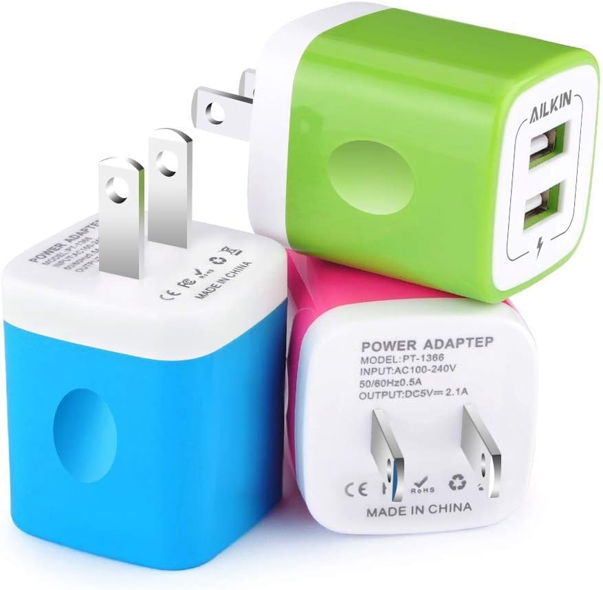 Wall Charger, [3-Pack] 5V/2.1AMP Ailkin Colorful 2-Port USB Wall Charger Home Travel Plug Power Adapter Replacement for iPhone 7/7 plus, 6s/6s plus, Samsung Galaxy S7 S6, HTC, LG, Table, Motorola More