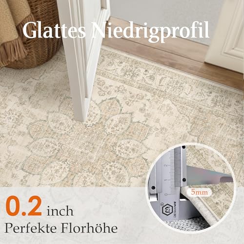 PureCozy Vintage Alfombra Salon 200x300cm Beige Habitacion Alfombras Lavable Antideslizante Grande Tapete Dormitorio Pie de Cama Sala Comedor Carpet Pelo Corto Rug