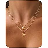 HABIKIP Valentine Gift Shell Starfish Charm Necklace for Women, Dainty Layered 14K Gold Plated Seashell Conch Starfish Pearl Pendant Necklace Stack Trendy Beach Cuban Link Chain Summer Vacation Jewelry