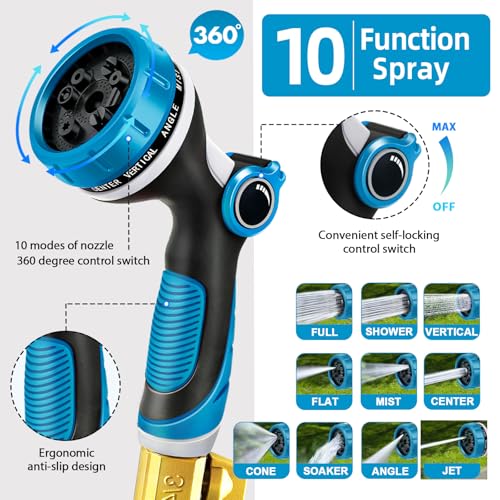 Garden Water Hose, Extendable Garden Hose with Brass Connector 3/4 Inch and 1/2 Inch, Garden Water Hose with 10 Functions Sprayer Nozzle, 30 m Rubber for Watering, Irrigation Hose (30 m)