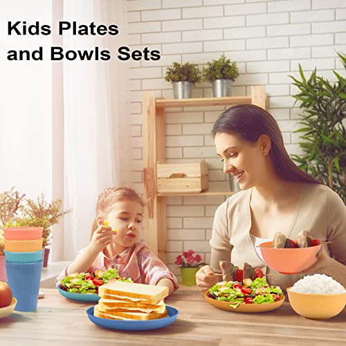 Wheat Straw Dinnerware Sets, Kids Plates and Bowls Sets, Unbreakable Microwave Dishwasher Safe Tableware, Lightweight Reusable Kitchen Set Travel Camping RV Dishes