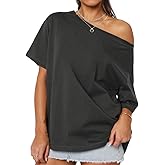 Dressmine Off The Shoulder Tops for Women Short Sleeve Shirt Trendy Oversized Tee Top Loose Summer Blouse Tunic