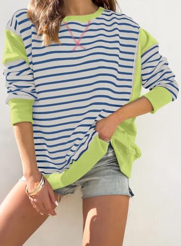 SHEWIN STRIPED SHIRT WOMEN WINTER 2024 COLOR BLOCK LONG SLEEVE CREWNECK SWEATSHIRTS TRENDY CASUAL LOOSE Y2K PULLOVER TOPS CLOTHES OUTFITS LIGHT GREEN LARGE