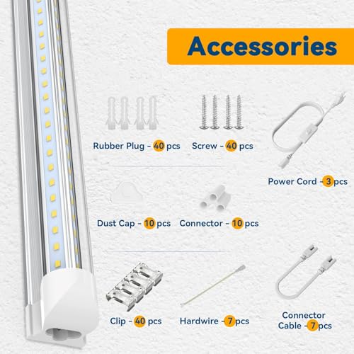 JESLED 8FT LED Shop Light, 100W 15000LM 6500K Cool White, High Output, V Shape, T8 Linkable 8 Foot Tube Lights for Garage, Warehouse, Plug and Play, Clear Cover, 10 Pack