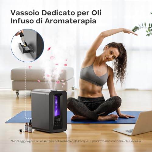 5L Umidificatore Ambiente, Nebbia Fresca Ricarica Dall'Alto Umidificatore Ultrasonico con Diffusore Aromi, Igrostato Smart, Luce Ambientale, 50h/25dB Silenzioso per Casa ufficio Bambini Piante