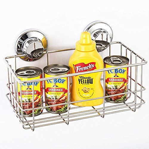 Slideep Vacuum Suction Cups Shower Caddy, Bathroom Storage Basket, Deep Bath Shampoo Conditioner Sponge Holder, Kitchen Storage Organizer, Stainless Steel Shelf-Set of 2