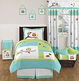 Turquoise and Lime Hooty Owl Childrens and Kids 4 Piece Boy or Girl Twin Bedding Set