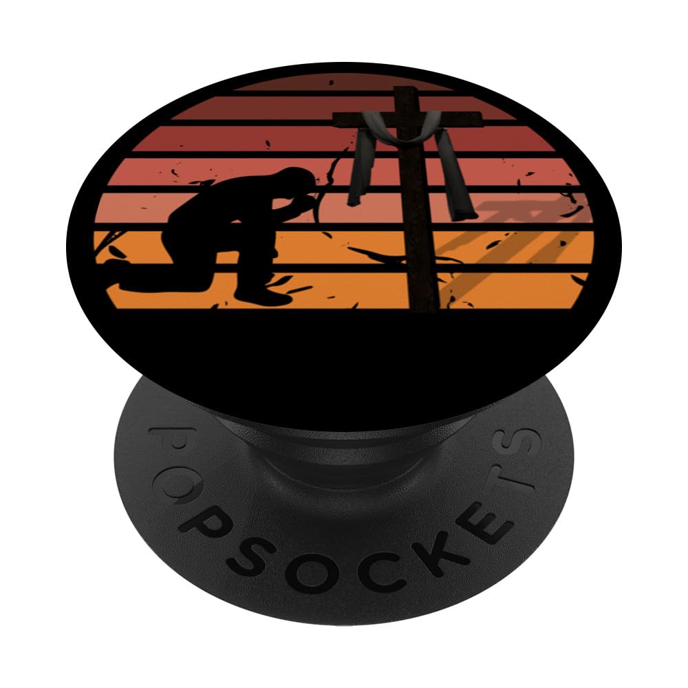 Christian man kneeling at cross praying in retro sunset PopSockets Swappable PopGrip