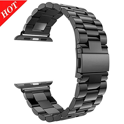 For Apple Watch Band Black 42MM Stainless Steel Strap Wristband for Replacement iWatch Strap with Comfortable Durable Folding Metal Clasp Classic Buckle Wrist Watch Strap