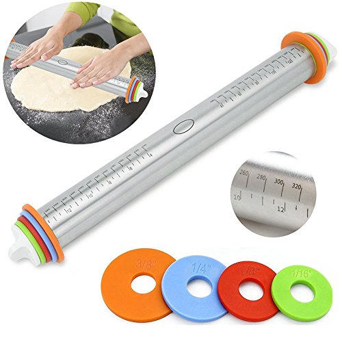 Adjustable Rolling Pin - Stainless Steel Rolling Pins Dough Roller for Kids Baking Dough Cookies Pizza Pie Pastries Pasta - with 4 Adjustable Removable Thickness Rings