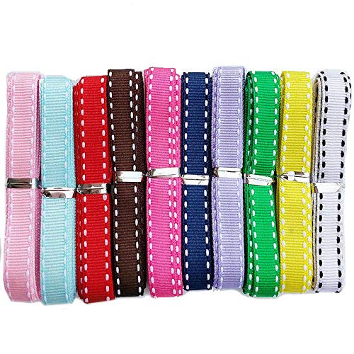 Chenkou Craft 20Yards 3/8" (10mm) Grosgrain Ribbon with White Double Edge Lines 10 Colors Assorted Bulk Lots Mix Craft Hair Bow Clips Gift Packing