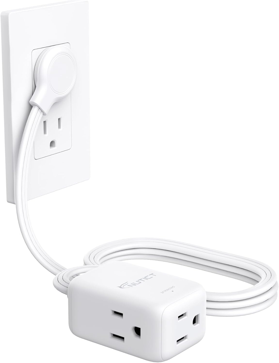Photo 1 of Flat Extension Cord 6ft, NUTICT Indoor 3 Prong Cord Extension with 900J Surge Protector, 13A/1625W, Low Profile Left Angle Flat Wall Plug, 3 Way Small Outlet Extender for Kitchen Home Office, White