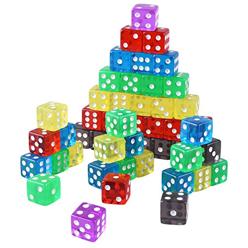 AUSTOR 50 Pieces Game Dice Set (Free Pouch), 5 Translucent Colors Square Corner Dice for Tenzi, Farkle, Yahtzee, Bunco or Teaching Math