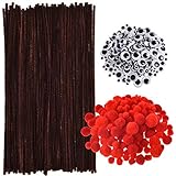 150 Pieces Brown Pipe Cleaners Chenille Stems, 150 Pieces Red Pom Poms Assorted Size Craft Pompoms and 300 Pieces Wiggle Googly Eyes with Self-Adhesive Back for Christmas Reindeer Crafts DIY Making