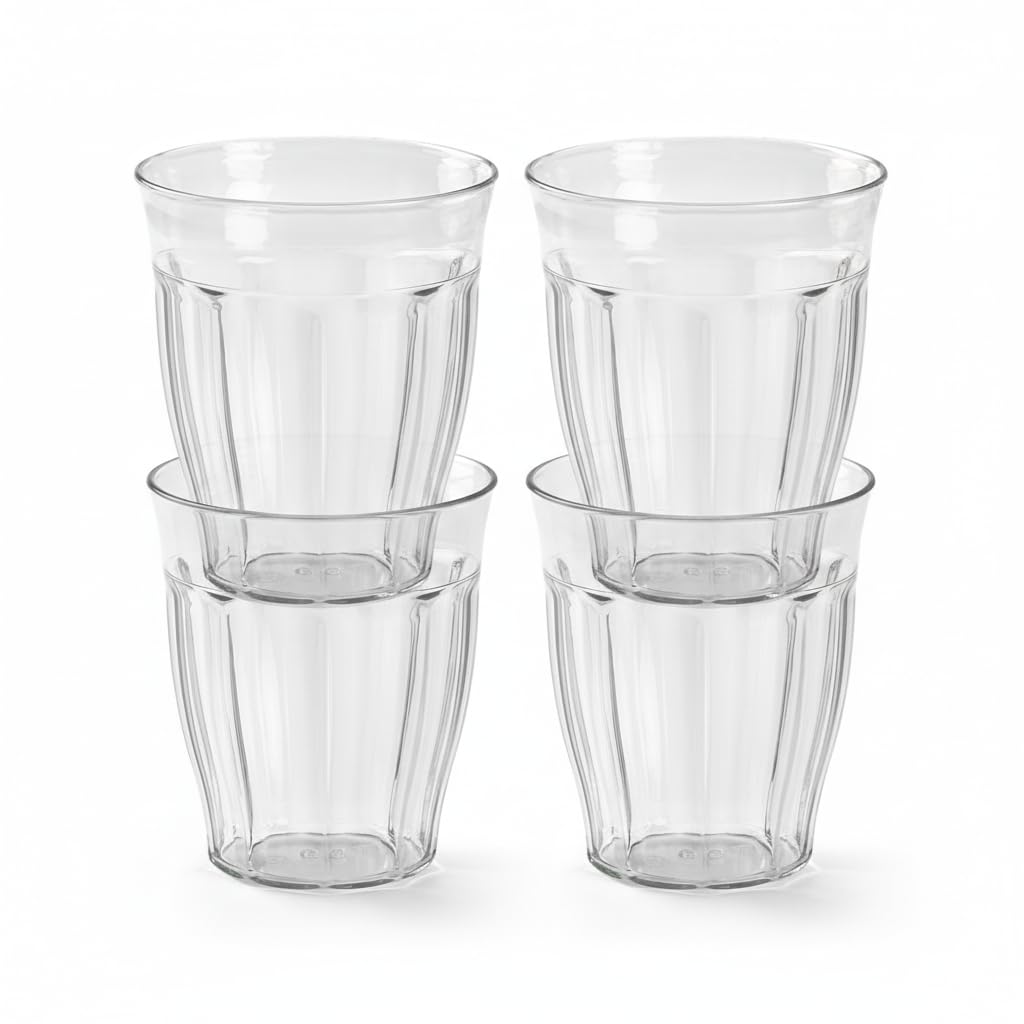 Reusable Plastic Glasses Tumblers for Adults, Unbreakable Picnic Camping Glasses for Children, Stackable & Dishwasher Safe, Acrylic Drinking Glasses (4 x Plastic Glasses Clear - 250ml)