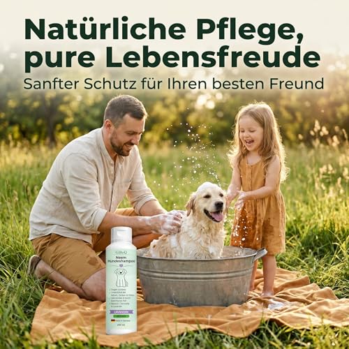 Premium Neem Dog Shampoo for Dogs 250 ml - With Neem Oil & Lavandin Oil - Supports Itching, Mites, Fleas & Ticks - Skin-friendly, Nourishing & Easy to Comb - For Natural Grooming