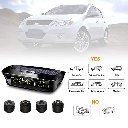 Tymate TPMS Solar Power with HD LCD Screen- Real-time Displays 4 Tires' Pressure, Temperature (-40℃~80℃)- Wireless Tire Pressure Monitoring System with 4pcs External Sensors (0-6.0 BAR)- 6 Alarm Modes