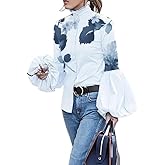 Women's Button Down Shirts Cotton Puff Long Sleeve Floral Blouses Ruffle Collar Bishop Tops for Women Elegant