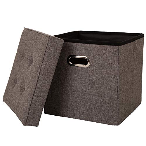 Glitzhome Foldable Linen Cube Storage Ottoman Foot Stools with Padded Seat for Living Room, Dark Gray
