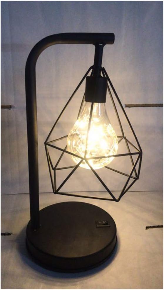 Bedside Table Lamp - Flashing Lights Contemporary Bedroom Lamp for Soft Bedside Light - Retro Black Geometric Wire Industrial LED Light Bulb Bed Side Battery Table Lamp (Warm, 1)