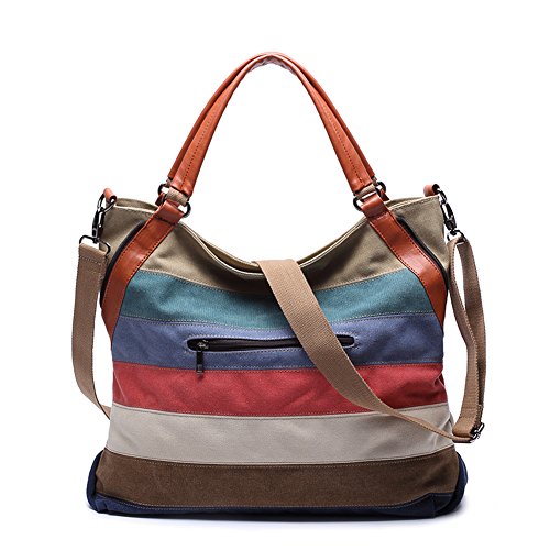 KaLeido Women’s Canvas Leather Shoulder Handbag Color Block Striped