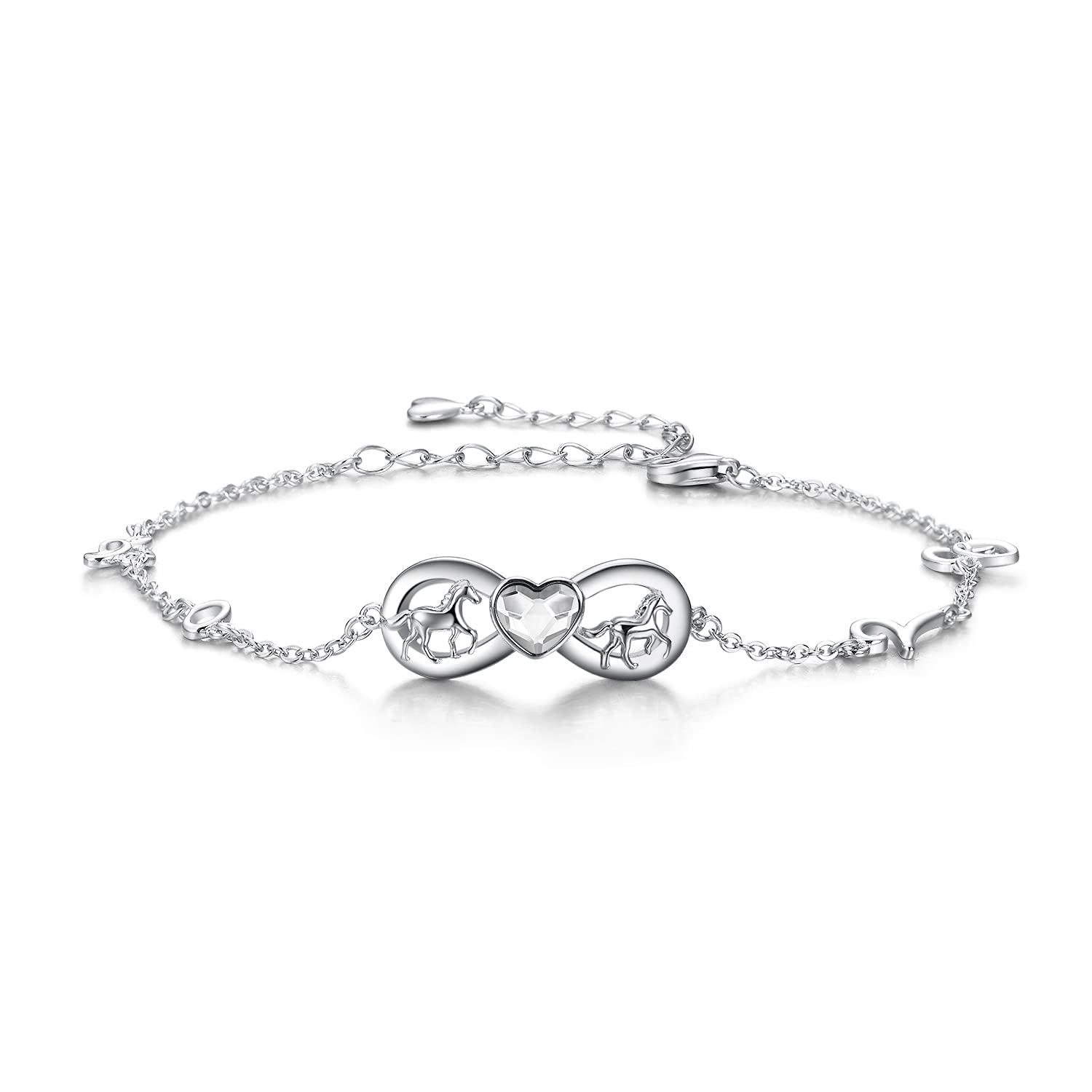 AOBOCO Sterling Silver Infinity Love Bracelet, Horse Jewellery Birthday Gifts for Girls Women Daughter Horse Lover (White)