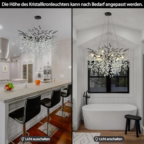 PIOUTNF Modern Crystal Chandelier, Dining Table Chandeliers, Tree Branch Chandelier Adjustable Height for Dining Room, Living Room, High Ceiling, Kitchen Island, Foyer, Black