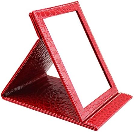 Wujee Folding Vanity Makeup Mirror with Standing – Portable Travel Mirror - PU Leather Desktop Mirror – Compact Pocket Cosmetic Mirror for Home Hotel Office Work Desk (Medium)