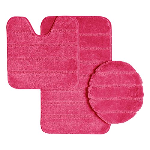Ribbed Design Soft Pile Solid Color 3 Piece Bathroom Rug Set, Bath Mat, Contour Rug, Universal Lid Cover, Louise (Rose)