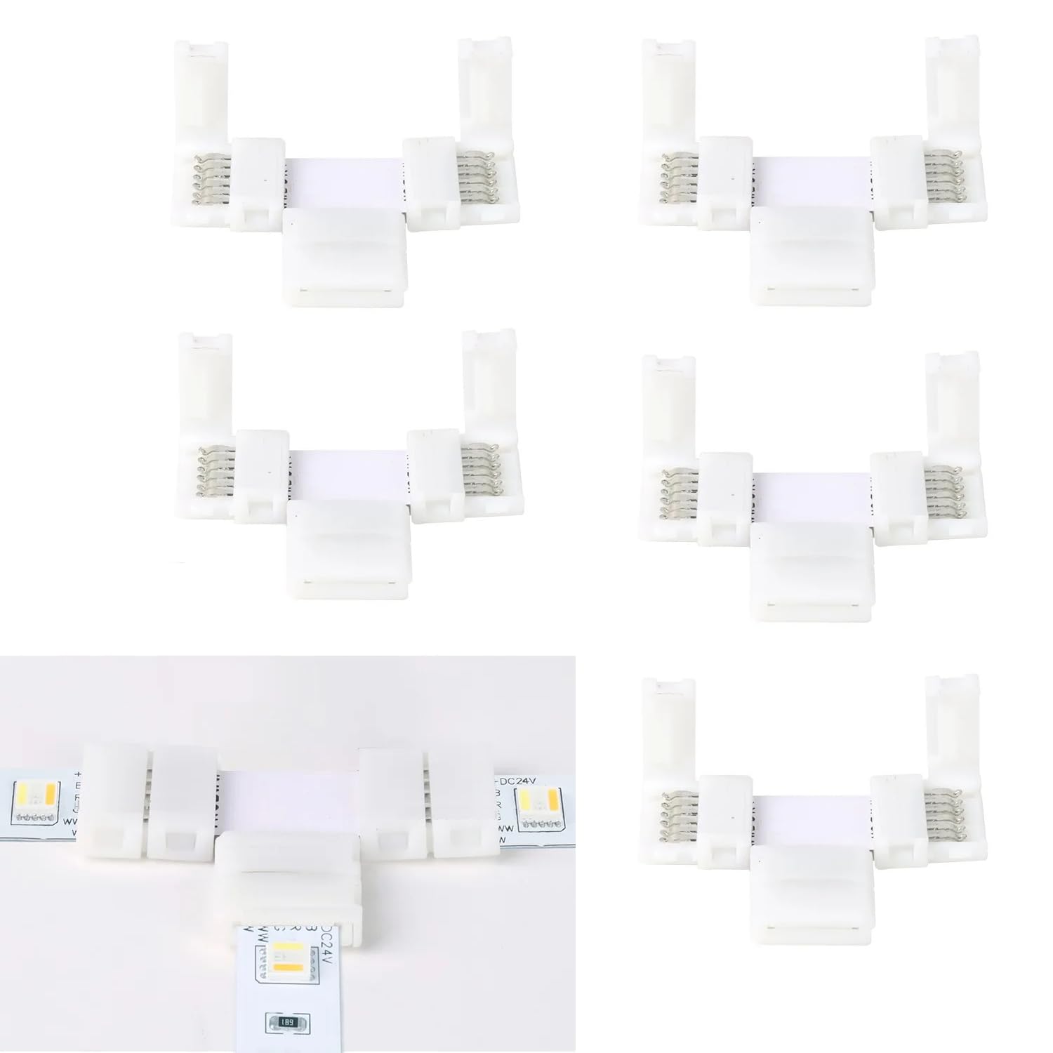 ENQIMAOYI 5pcs 6 Pins T Shape Solderless Connector LED Strip Light, RGBWW 12 mm Splitter Right Angle Corner Connector for SMD 5050 RGBCCT LED Strip