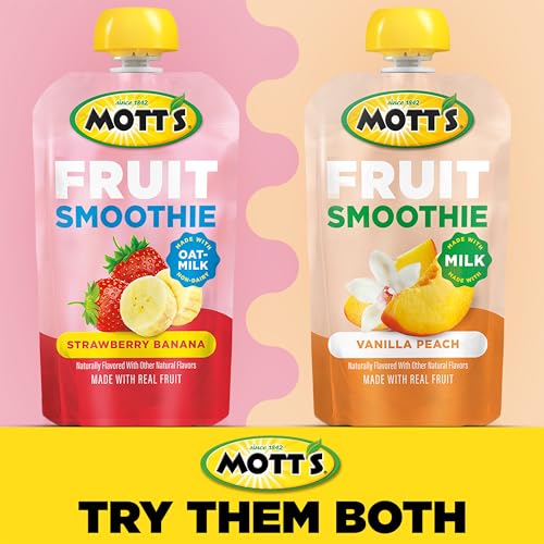 MOTT’S FRUIT SMOOTHIES STRAWBERRY BANANA, 4.2 OZ CLEAR POUCHES, 8 PACK, NON-DAIRY, MADE WITH OATMILK, MADE WITH REAL FRUIT, GOOD SOURCE OF CALCIUM, ON-THE-GO