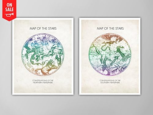 Maps of the Stars, Two Print Set, Vintage Constellation Maps, Constellation Map Posters, Astrology Posters, Astrological Two Art Print Set