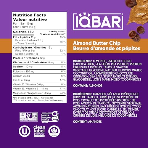 IQBAR Clean Plant Protein Bars - Almond Butter Chip - 12 Count - Keto, Vegan, High Fiber, Gluten and Dairy Free, Low Sugar Snack - Brain and Body Nutrients for Focus, Energy, Meal Replacement