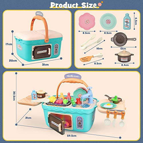 Dreamon Spielküche Spielzeug Kinderküche Zubehör Kochset Kinder Picknickkorb mit Musik Licht, Kinder (Grün) – Bild 7
